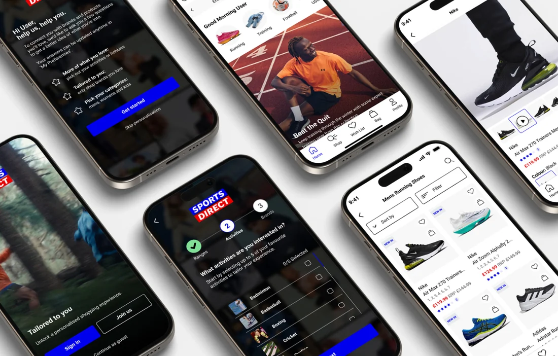 The Sports Direct app shopping journey across six screens
