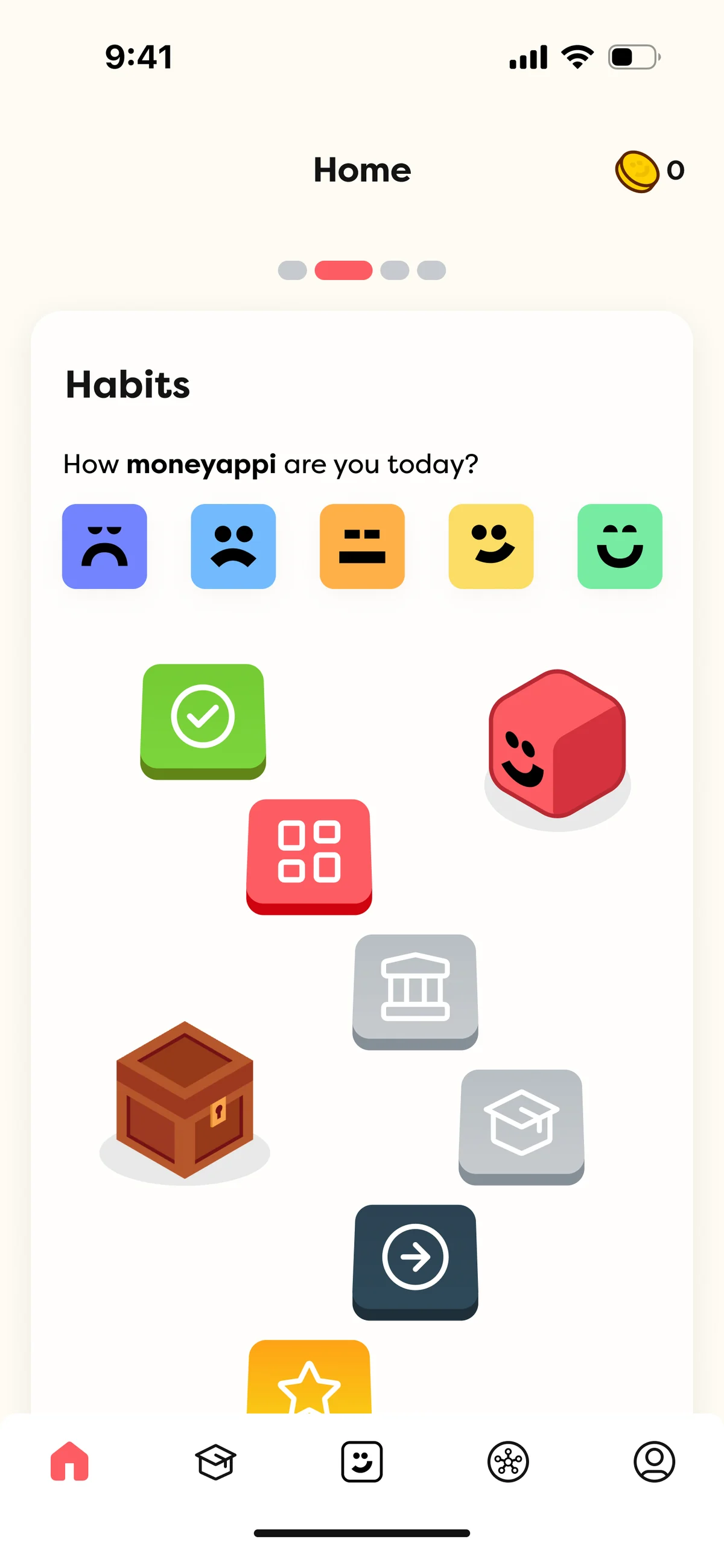 moneyappi home carousel showing the habits chest, streak count and AppiCoins balance